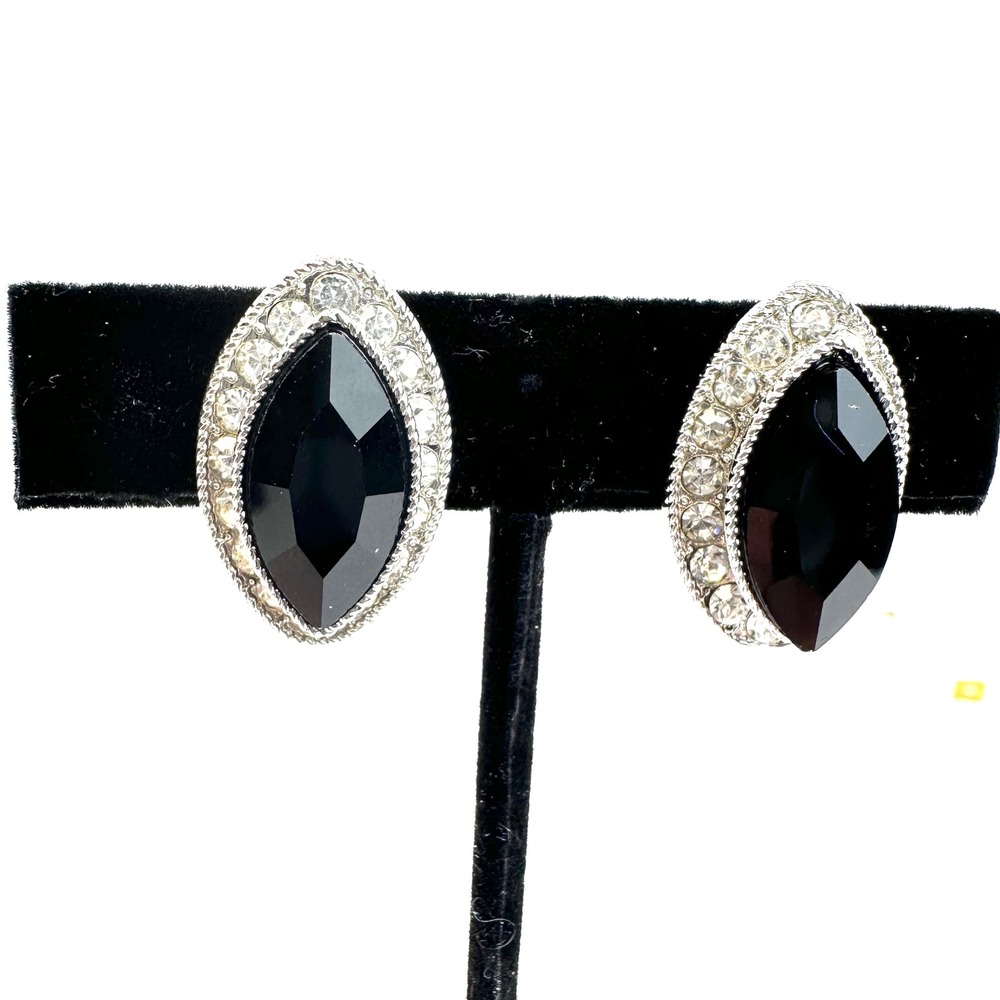 Vintage Black Marquise Rhinestone Halo Silver Tone Clip On Statement‎ Earrings